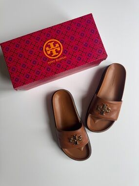 Tory Burch Everly Anatomic Lug Slide Nappa Brown Bourbon Slip On Sandal Size 8